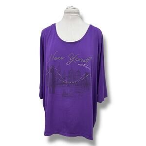 Catherines Womens 3/4 Sleeve “New York with Love” Tee Casual Relaxed Purple 2X